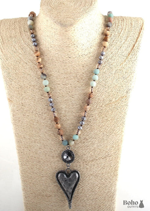 Boho Necklace, RH Amazonite Jasper, Heart Brown Natural Stone